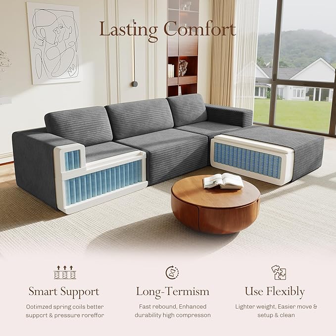 Vesgantti 119" L-Shaped Modular Sectional Sofa, Corduroy Cloud Couch