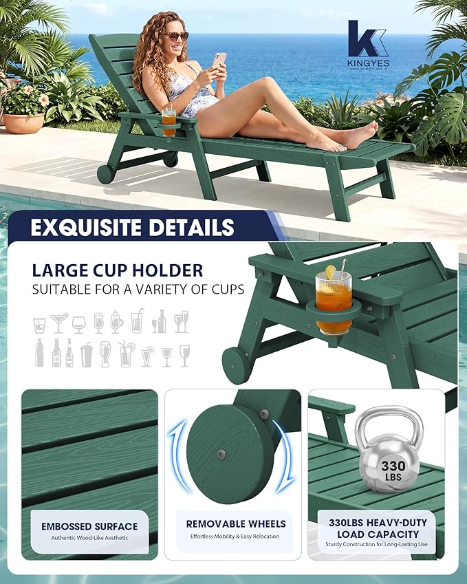 KINGYES HDPE Lounge Chair Outdoor, Patio Chaise Lounge Recliner