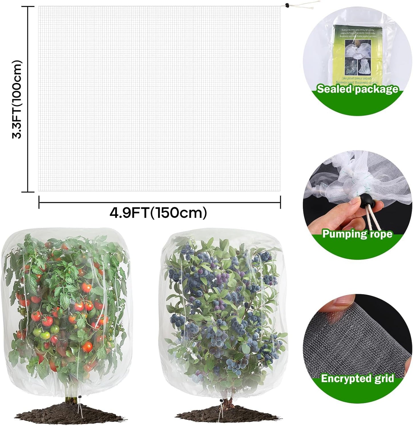 2 PCS Fruits Tree Netting Cover for Garden 3.3 x 4.9 ft Garden Insect Bird Barrier Plant Netting for Tomato Blueberry Bush Netting Covers Deer Cicada Netting Cover Bag with Drawstring