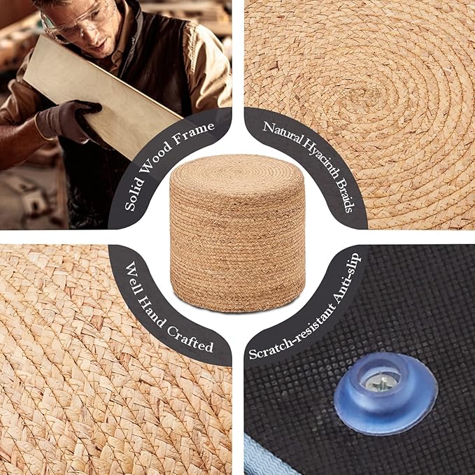 Wimarsbon 18'' Pouf Ottoman, Natural Braided Poof, Round Poufs, Rustic