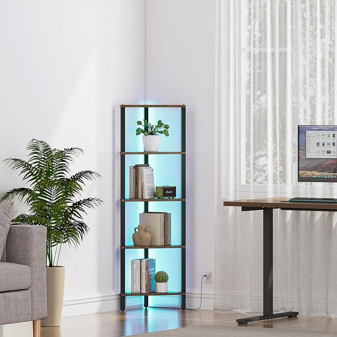 TUTOTAK Corner Shelf with LED Light, 5-Tier Corner Bookshelf