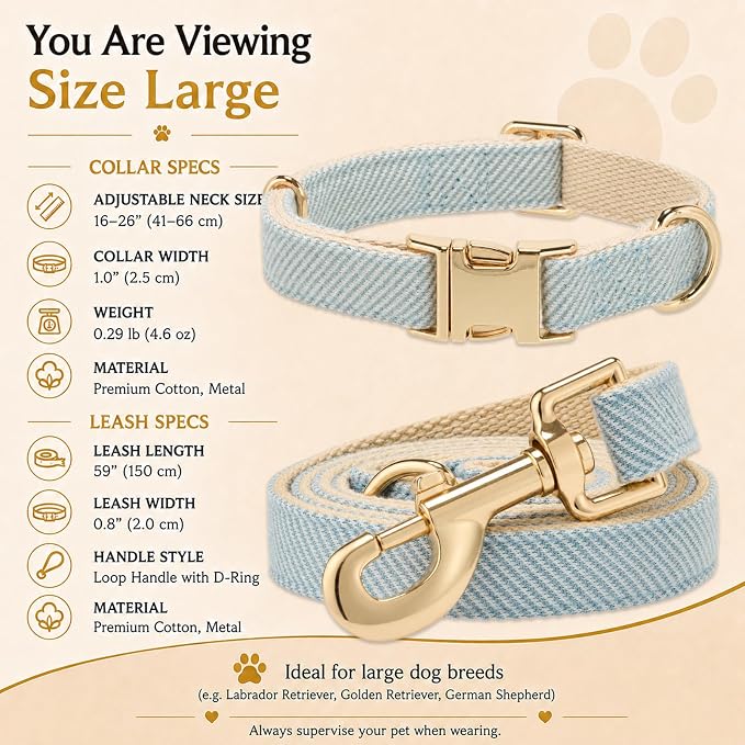 Herringbone Tweed Dog Collar and Leash Set for Large Dogs, Light Blue | Snag-free, no-rub design. Soft breathable cotton, gentle on fur. Adjustable durable matching combo for walks & outdoors.