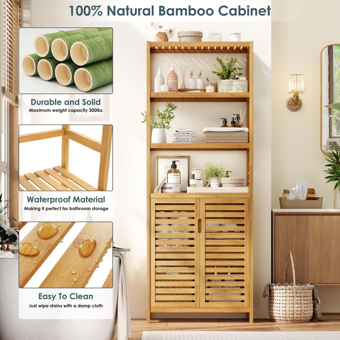 HIFIT 2 Set Tall Shelf Unit Bamboo Storage Cabinet with Doors, 5-Tier Bookshelves and Bookcases with Storage and Display, 67" Tall Cabinet w/Plant Stand for Bathroom,Living Room,Kitchen Dining,Balcony