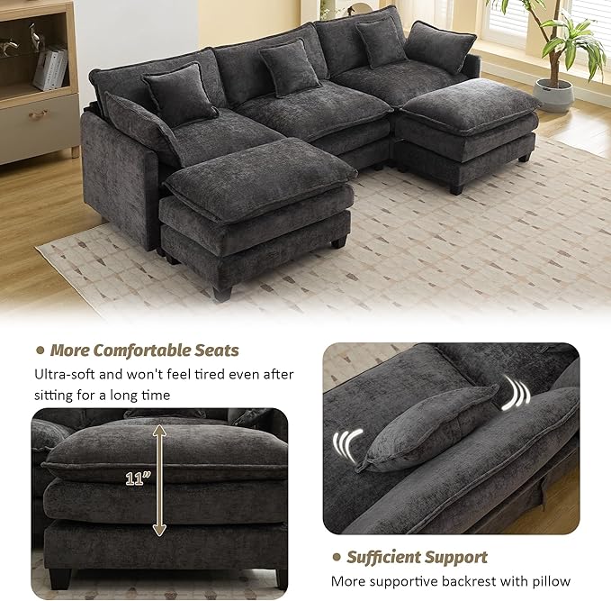 111'' Sectional Cloud Deep Seat Couch, Oversized Chenille U Shaped Sectional