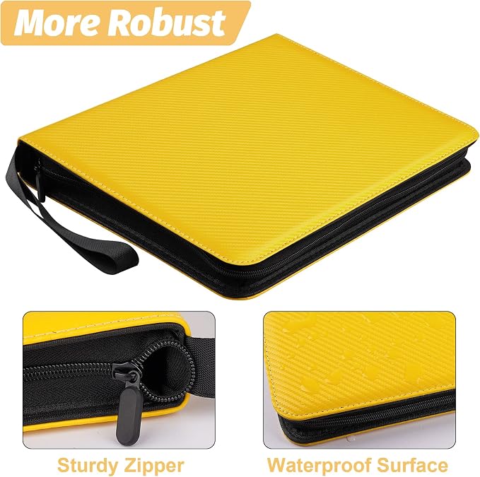 900 Pockets Round Ring Trading Card Binder, 9-Pocket Clear Zipper Card Album with Wrist Strap, Holds 900 Standard TCG & Sports Cards, Not Fit Top Loaders (Carbon Yellow)