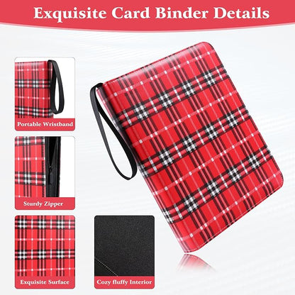 WOT I Trading Card Binder, 900 Pockets Baseball Card Binder Sleeves with Zipper, Double Sided Pockets Card Holder Carry Card Case for Baseball Card, Football Card, Scottish Style, Black+Red