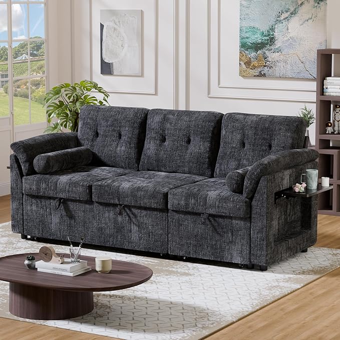Convertible Sleeper Sofa Bed, 63 Inch Chenille Pull Out Couch