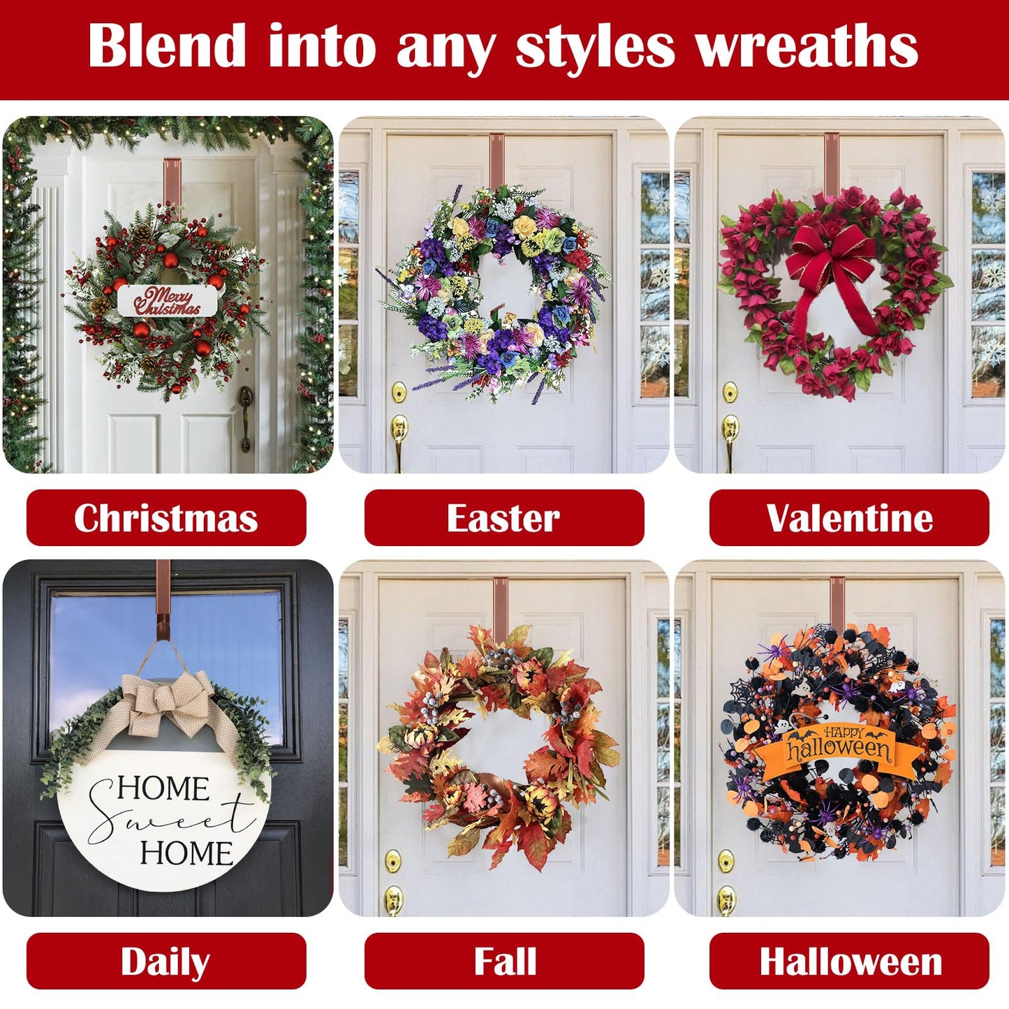 2 Pack Wreath Hanger for Front Door, 20 lbs Christmas Wreath Door Hanger, Non Scratch Over the Door Hooks for Xmas Easter Halloween Fall Wreaths Décor Welcome Sign, Adjustable from 15 to 25 in Hangers