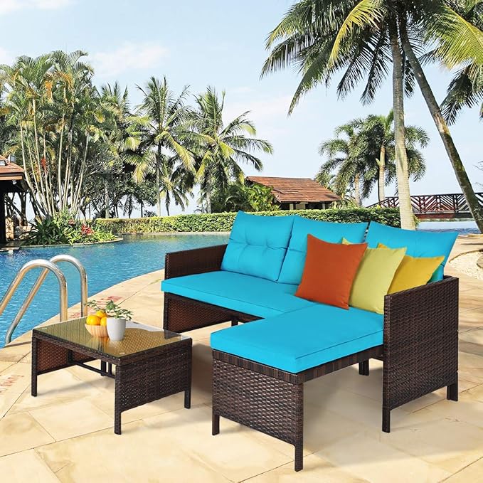 Tangkula Patio Corner Sofa Set 3 Piece, Outdoor Rattan Sofa Set, Includes