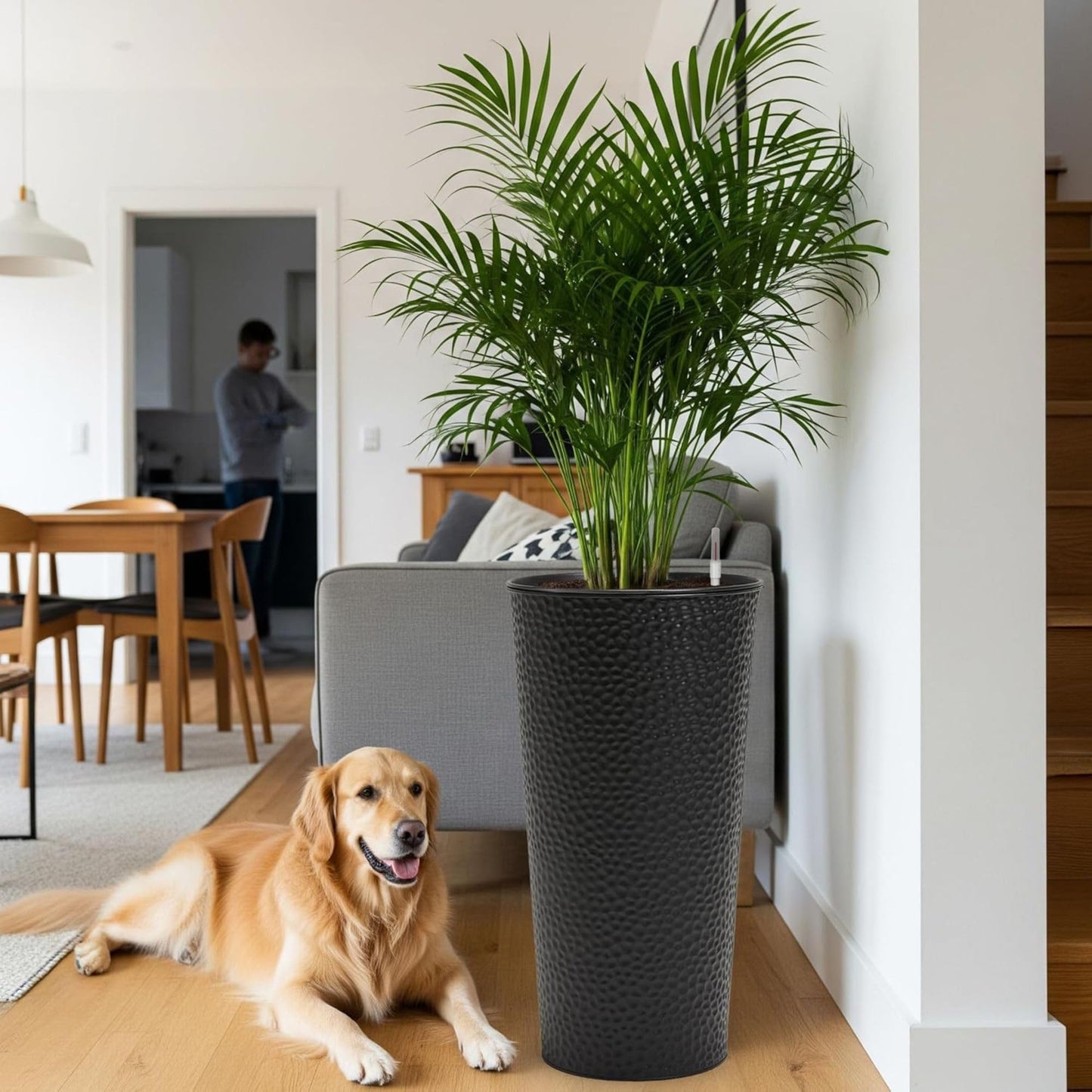 Worth 2 Pack 28" Tall Narrow Metal Planter with Inside Pot for Indoors or Outdoors, Deck, Patio or Front Porch, Hand-Hammered Texture, Black