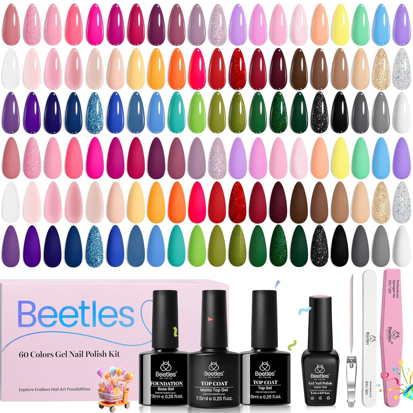 Beetles Gel Nail Polish Kit with U V Light -54 Pcs Gel Nail Kit Four Seasons Glow 32 Colors Set with Base Matte & Glossy Top Coat Soak Off Home DIY Manicure Nails Beginners Gifts for Women Teen Girls