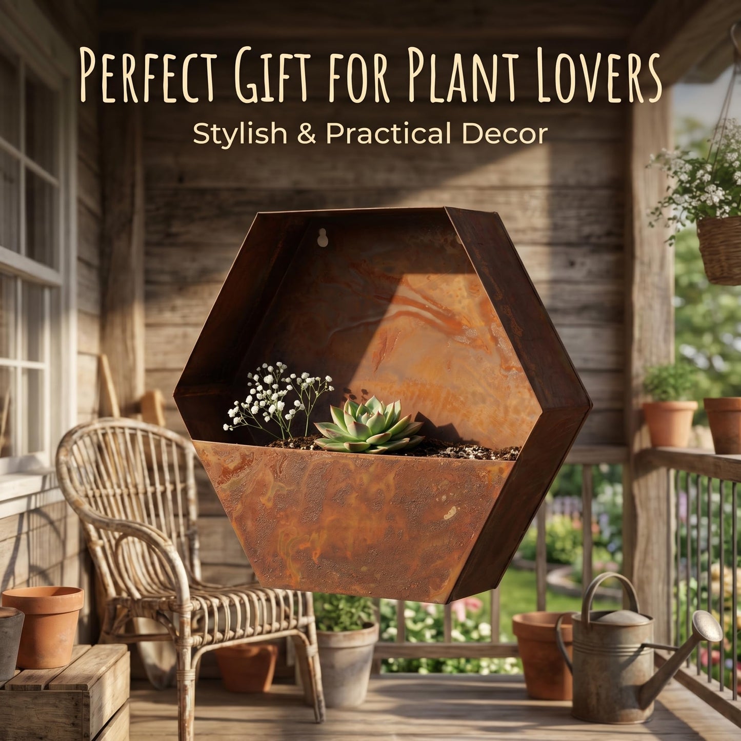 Topadorn Rustic Metal Wall Planter, 12 Inch Hexagon Hanging Planter with Patina Finish, Geometric Wall Mounted Plant Holder for Indoor & Outdoor Vertical Garden Décor, Farmhouse Wall Decor