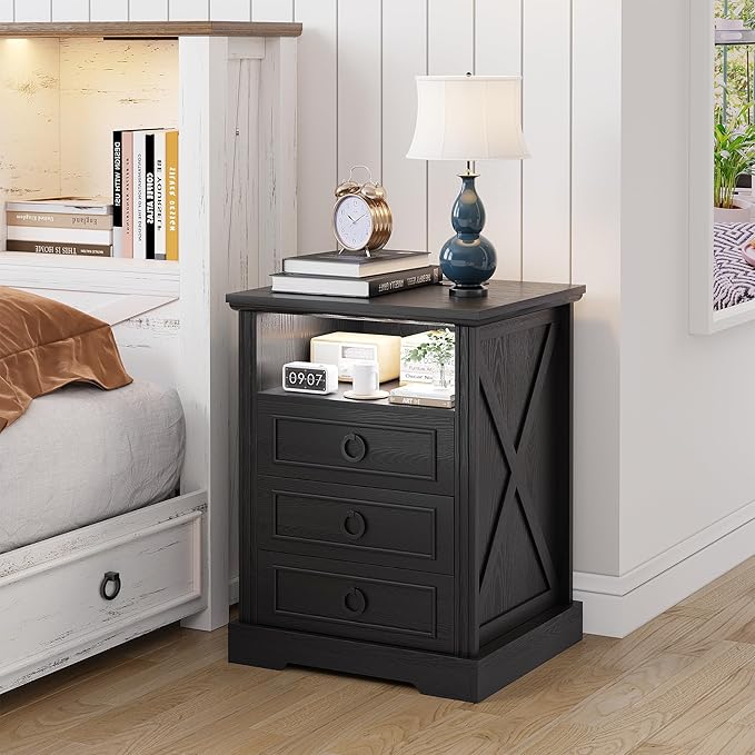 Nightstand with Charging Station, Farmhouse End Side Table with 3 Drawers and