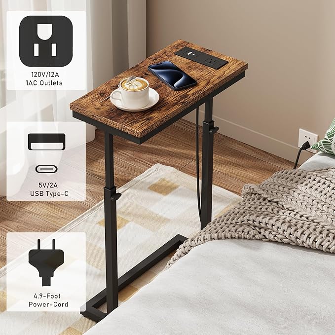 TUTOTAK End Table with Charging Station, Side Table, Tall Couch Table, Sofa