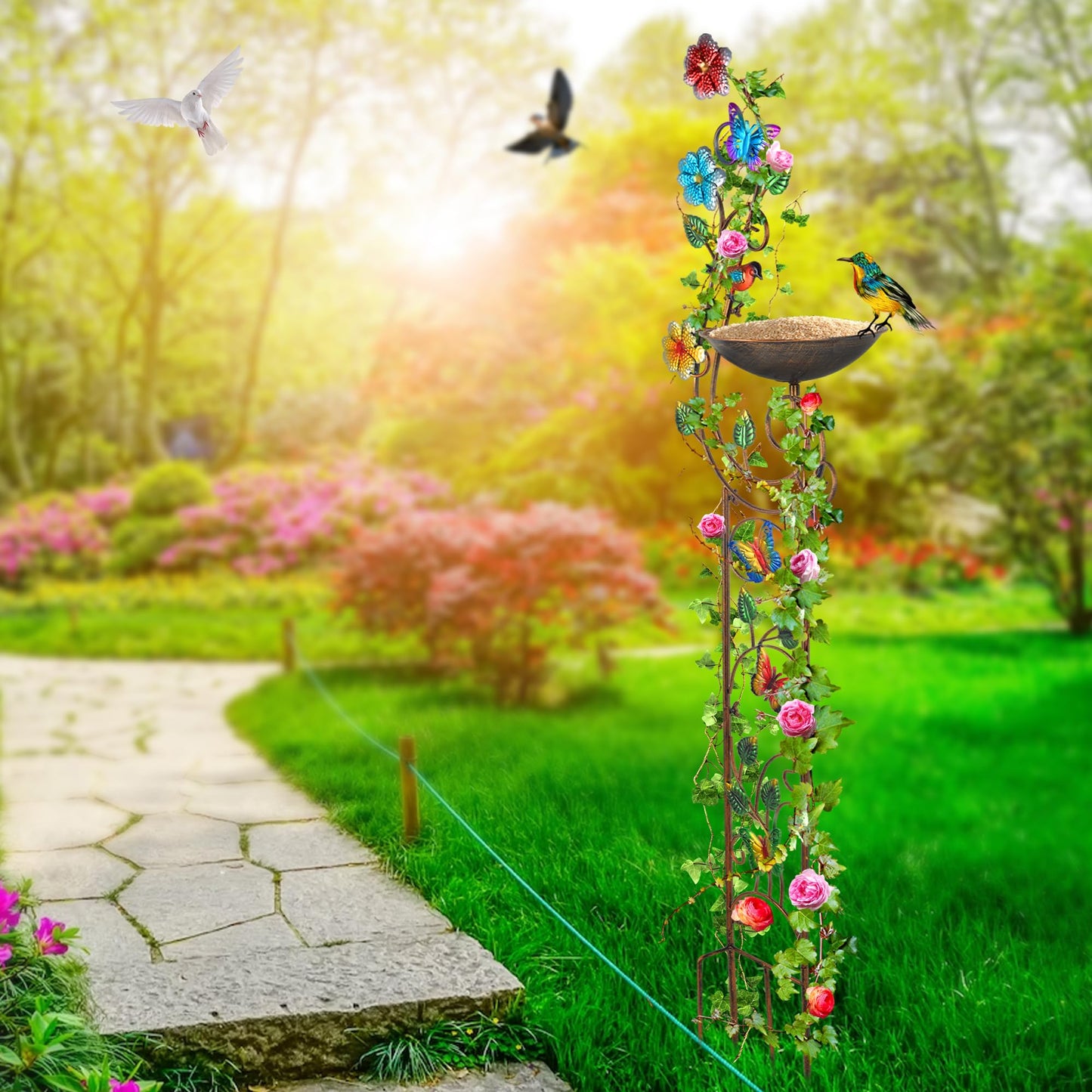 YADOOLIFE 57” Bird Bath with Garden Trellis for Climbing Plants Outdoor, Small Decorative Trellises Metal Birdbath Bird Baths, 1 Piece (Butterfly)