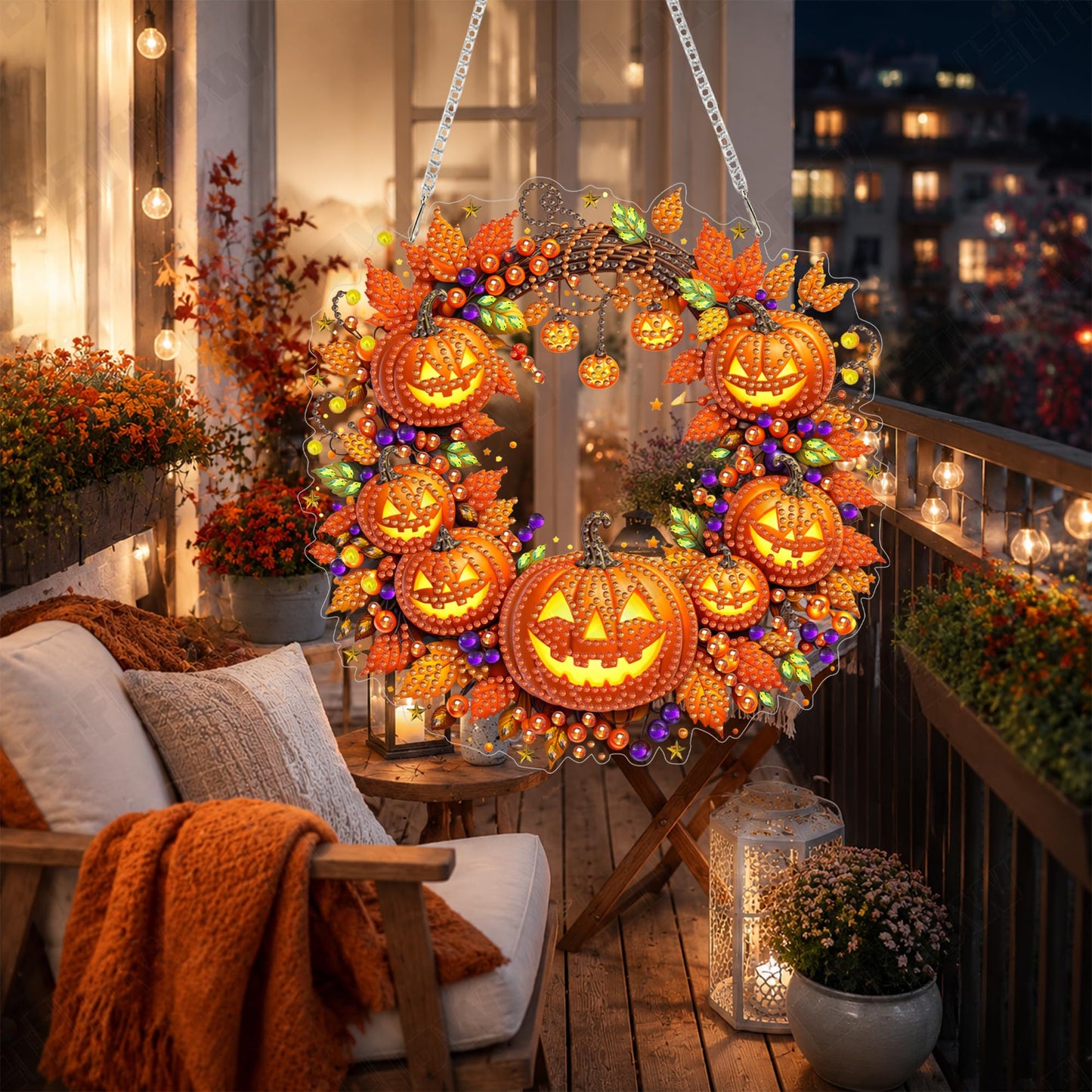 Eiflow Acrylic Diamond Art Hanging Kit for Adults Halloween, DIY Diamonds Painting Door Hanger Board Kit, Special Crystal Diamond Art Painting Pendant Ornament (Pumpkin Wreath)