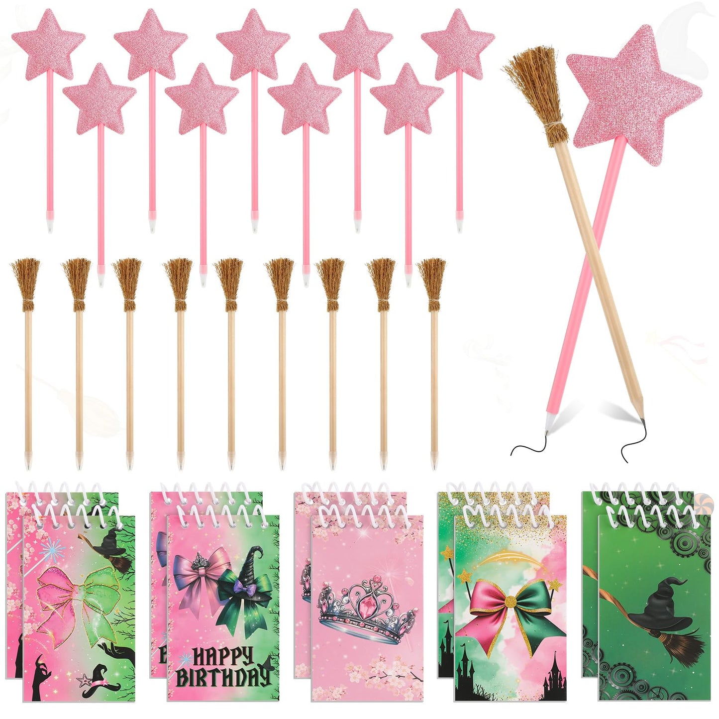 libfrnt 40 Pcs Princess and Witch Party Favors Include 10 Witch Broom Pencils 10 Pink Star Ballpoints 20 Mini Notebooks for Wizard Birthday Witch Halloween Party Supplies