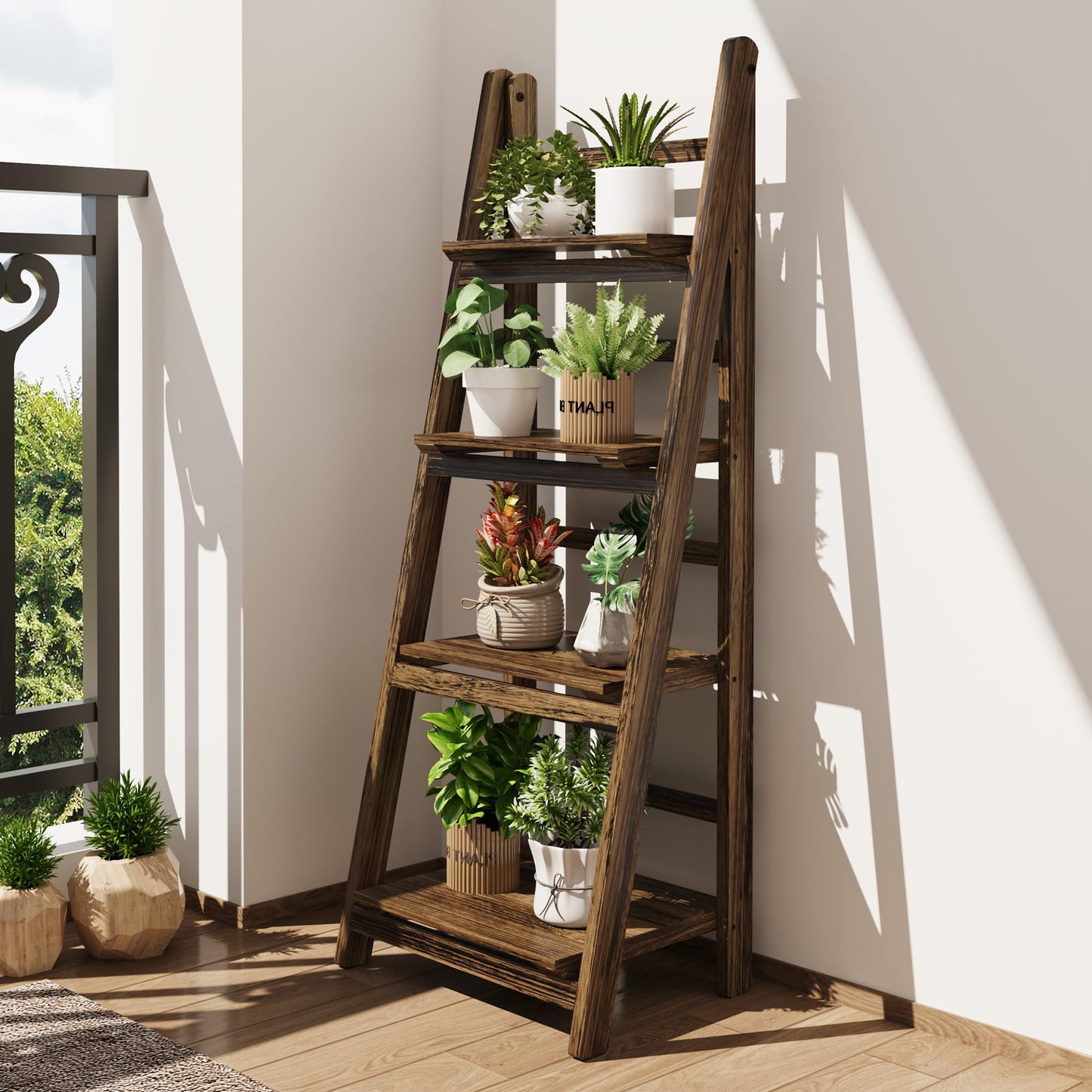 Mugovelo Ladder Shelves - Folding Wooden Ladder Bookshelf, 4-Tier Retro Plant Stand Storage Shelves for Home Living Room, Brown