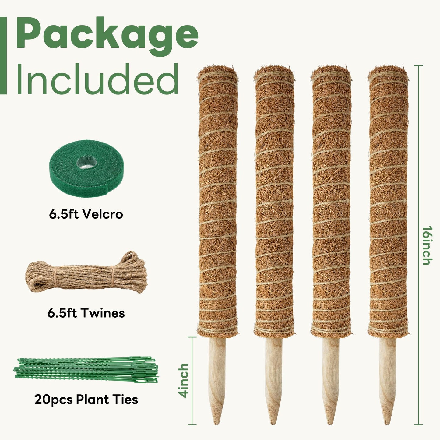 Moss Pole for Plants Indoor - 4 Pack Plant Supports for Climbing Plants to Grow Upright - 16 inch Stackable Moss Sticks Coir Totem Pole Plant Support for Monstera Pothos Philodendrons Potted Plants