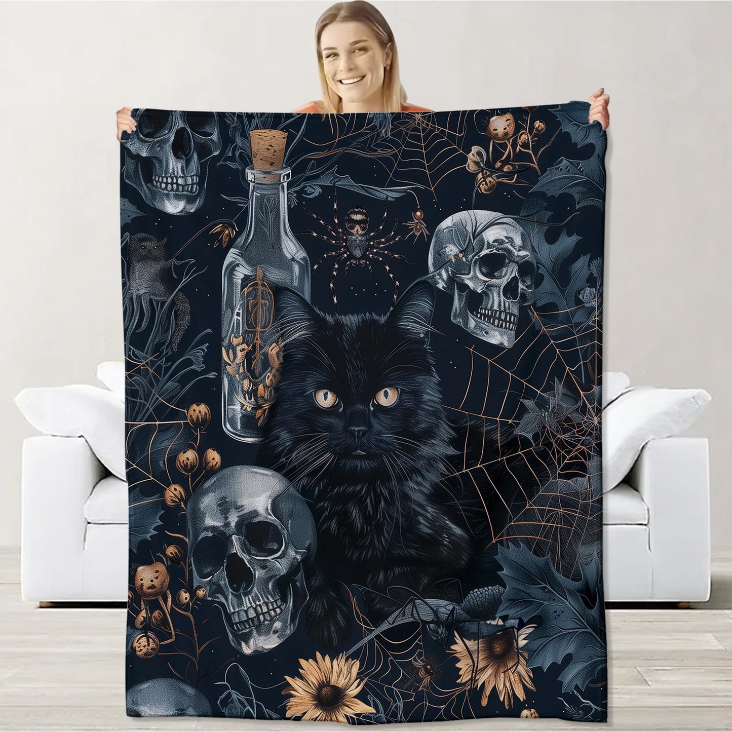 Goth Skull Blanket for Boys Kids Men Women, Flannel Skeleton Blankets Gifts, Halloween Black Cat Skull Throw Blanket for Sofa Couch Bed Living Room Soft Warm Cozy Gothic Decor 60" x 50"