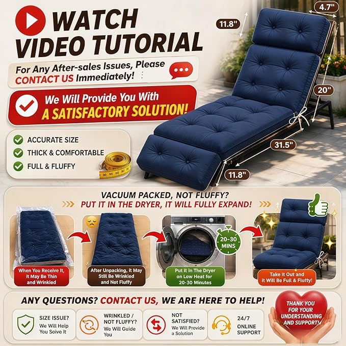 Chaise Lounge Cushion Outdoor, Waterproof Thick Patio Lounge Chair Cushion