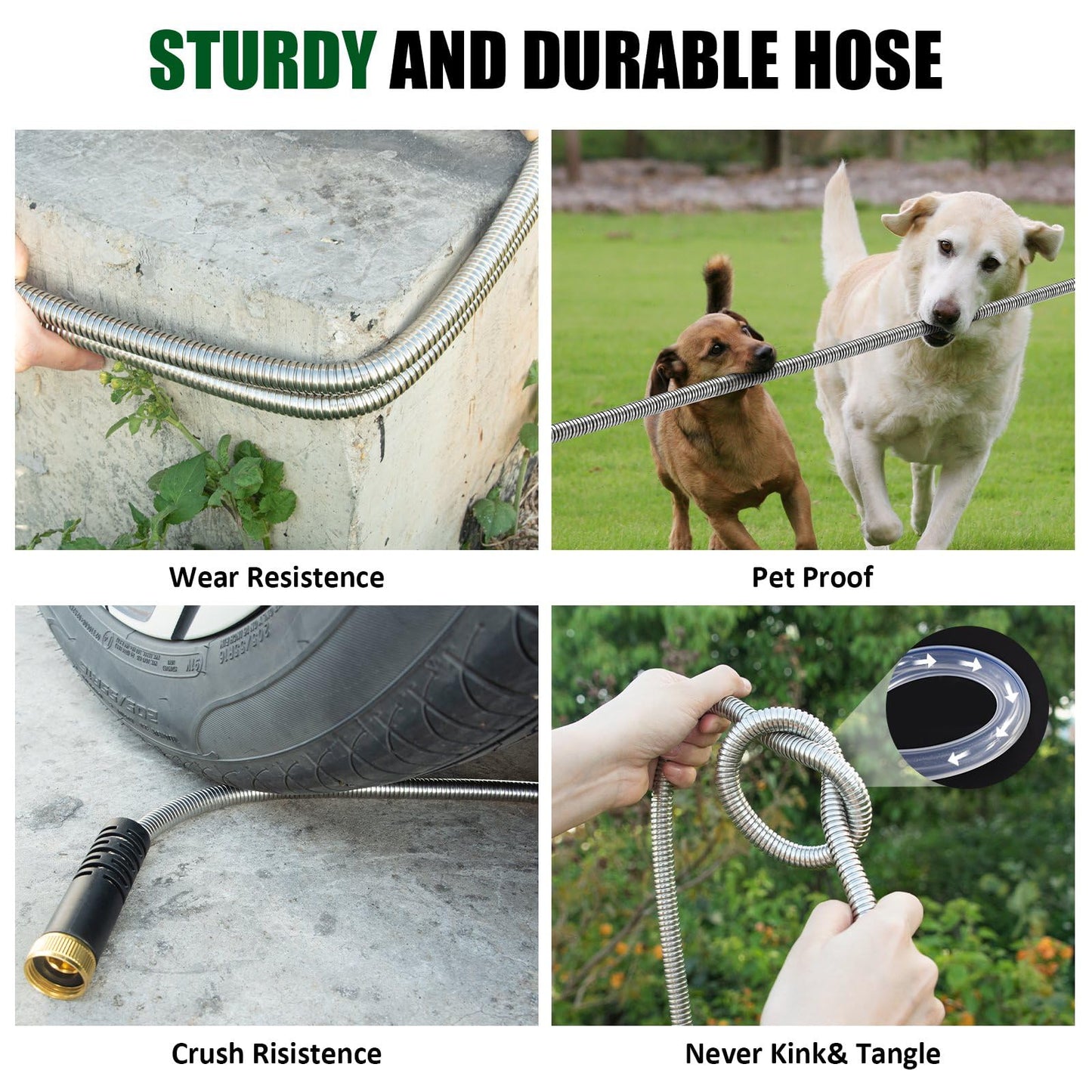 Garden Hose 50 ft, Stainless Steel Water Hose 50ft Heavy Duty with 10 Function Nozzle, Flexible No-Kink Metal Hose 50 Feet, Pet-Proof Water Pipe for Outside Yard