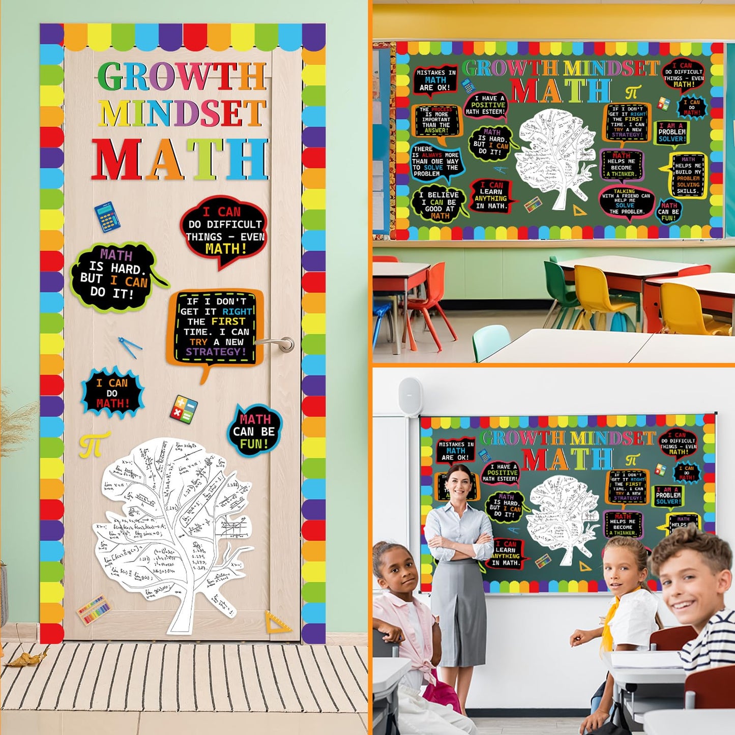 party greeting Math Growth Mindset Bulletin Board Set Maths Classroom Decoration Mathematics Paper Cutout Number Bulletin Board Border for Inspirational School Educational Wall Decor Teacher Supplies