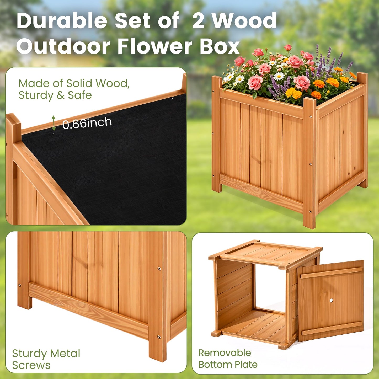 Ultym Set of 2 Fir Wood Square Planter Boxes, 18" Extra Large Outdoor Flower Box with Removable Drainage Base & Non-Woven Liner, Rustic Wooden Planters for Patio Garden Balcony, Wood Bucket Planter