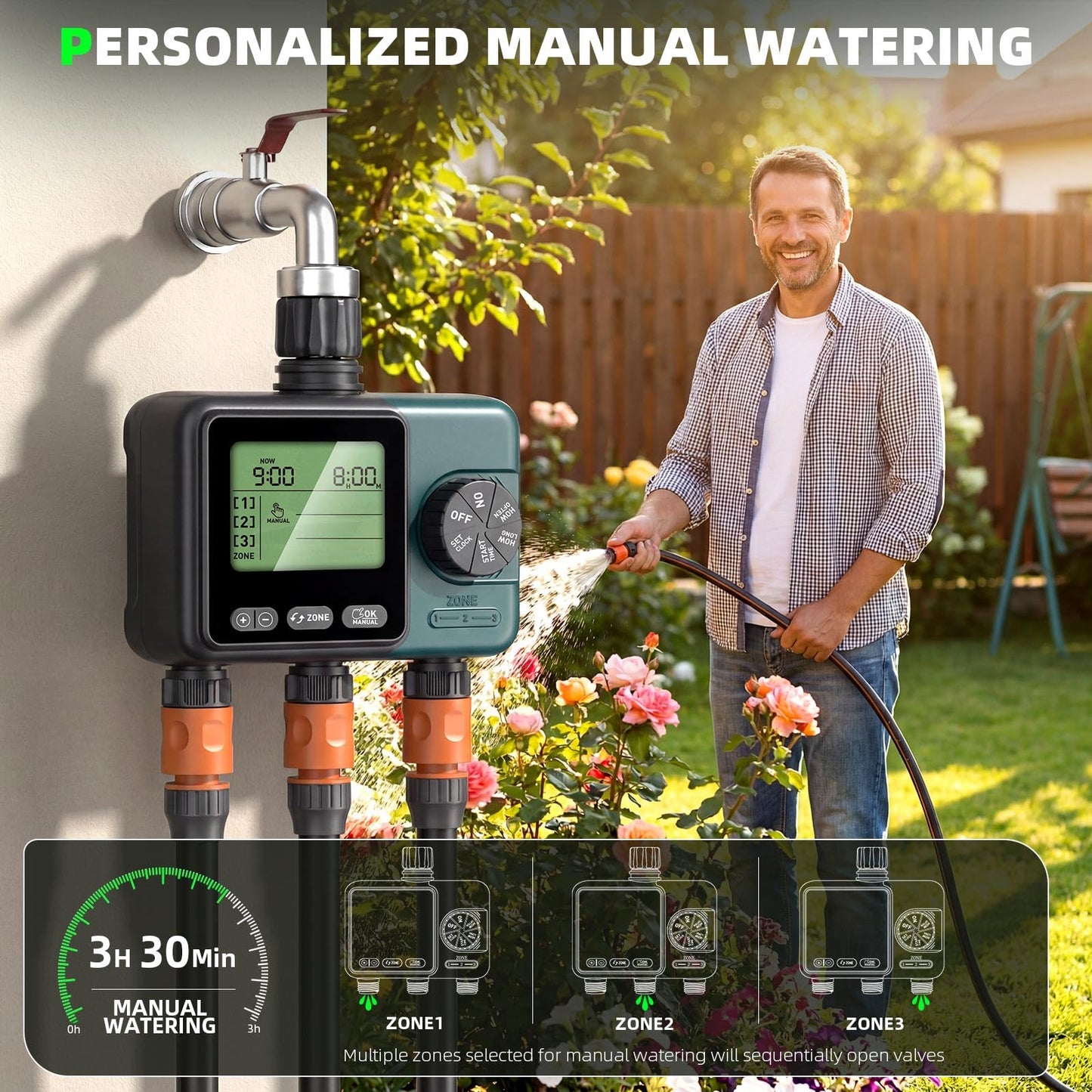 Sprinkler Timer 3 Zone, Programmable Water Timer for Garden Hose with Rain Delay, Manual and Automatic Irrigation Controller System, 3 Outlets Timed Irrigation Controller System for Lawn