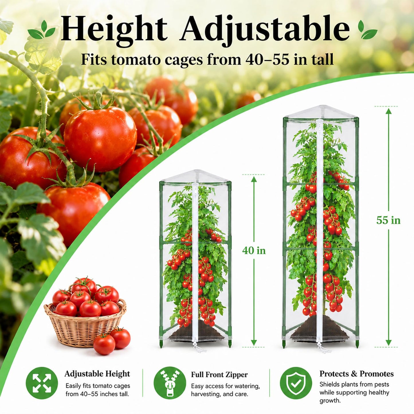 Halatool Garden Tomato Plant Cover Netting, Fits 40–55" Tall Tomato Cages, Garden Bird Netting with Zipper & Drawstring, Insect Barrier, Plant Covers from Insects Animals, 2 Pack, 45"×15.7"