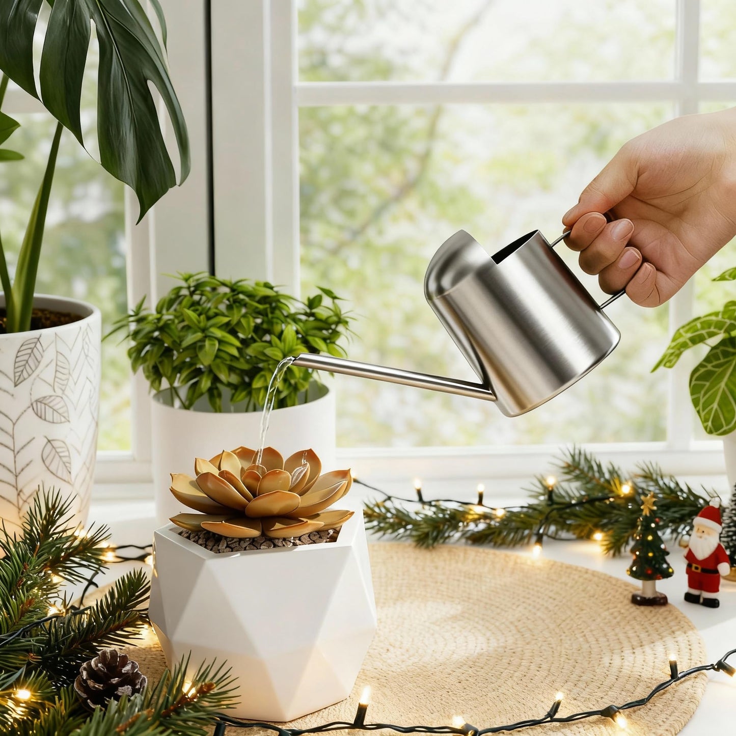 Bamworld Small Watering Can Indoor Outdoor Plant Black Metal Stainless Steel Long Spoutt Flowers Watering Cans for House Garden Plants 10OZ Watering Bottle Cute Stylish Gardening Decoration(Silver)