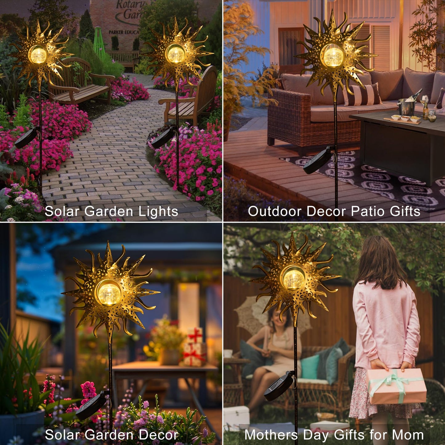 HOMEIMPRO Large Sun Solar Garden Decor Lights Outdoor Garden Gifts Mom Dad, Crackle Glass Metal Stake Backyard Decor, Waterproof LED Lights for Lawn Patio Ornaments, Mothers Day Gifts for Women