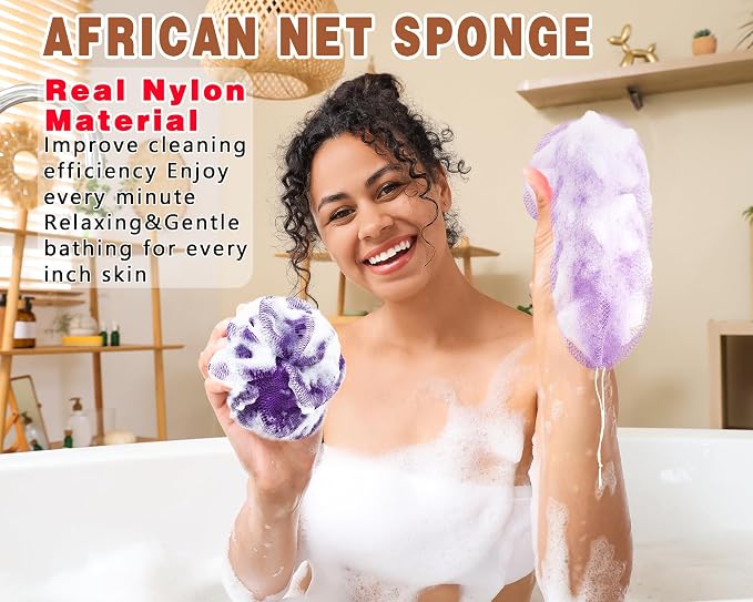 2 Pack African Net Sponge Exfoliating Body Scrubber Bath Sponge for Daily Use (Light Purple+Dark Purple)