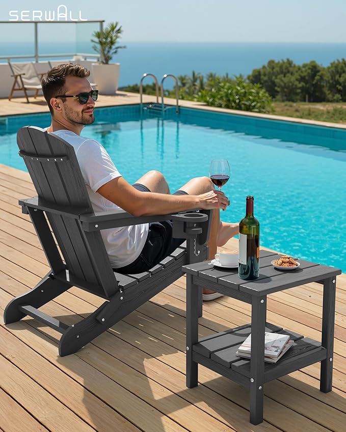 SERWALL 2-Tier HDPE Outdoor Side Tables Set of 2, Weatherproof Rectangular