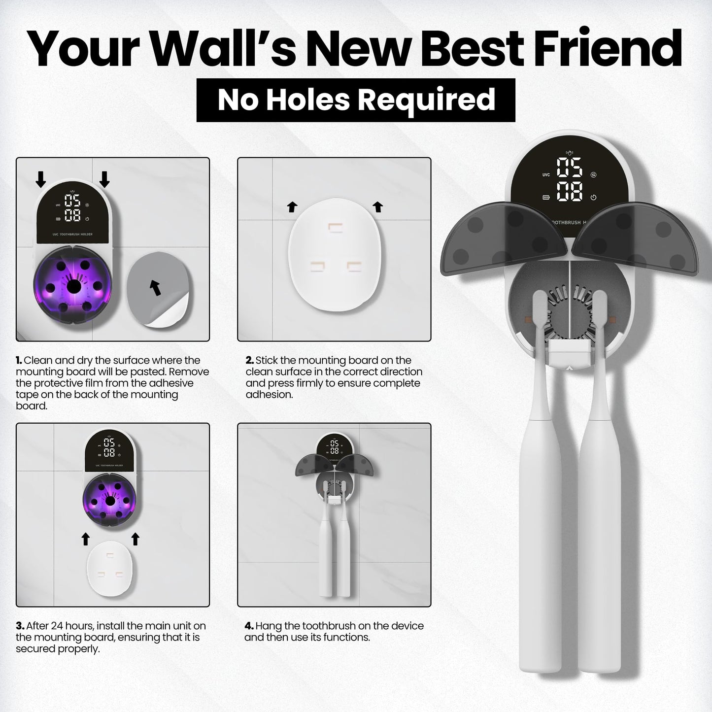 UV Toothbrush Sanitizer Holder & Cleaner with Led Clock Display, Hands-Free Wave Sensing & Dual Toothbrush Storage - Wall Mounted UV Tooth Brush Sanitizer Holder for Bathroom Decor, Fits All Brushes