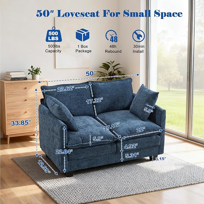 Loveseat Sofa Cloud Sofa Couch 50'', Modern Loveseats 2 Seat Couch 27" Deep Seat