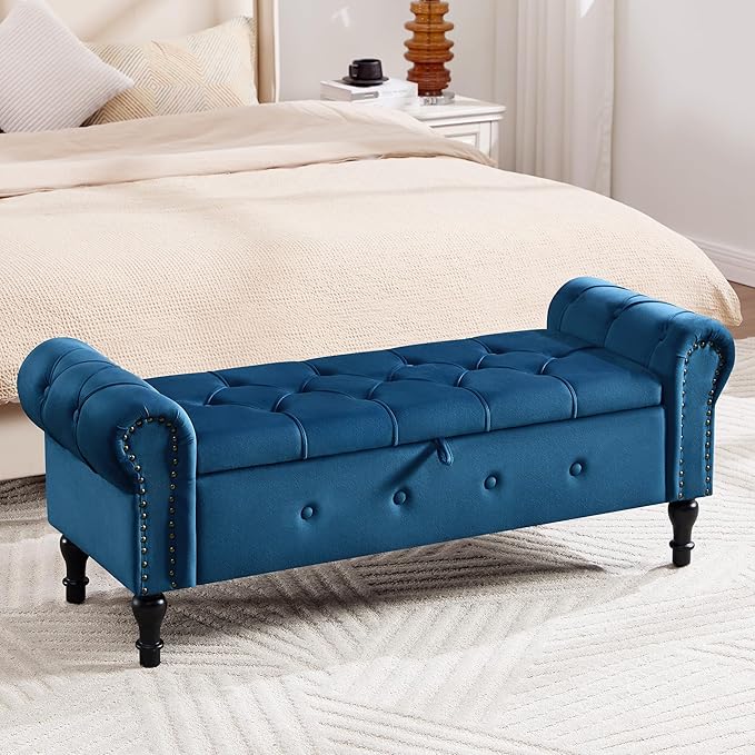 Storage Bench for Bedroom, Velvet 51" End of Bed Bench, Queen Size Bench