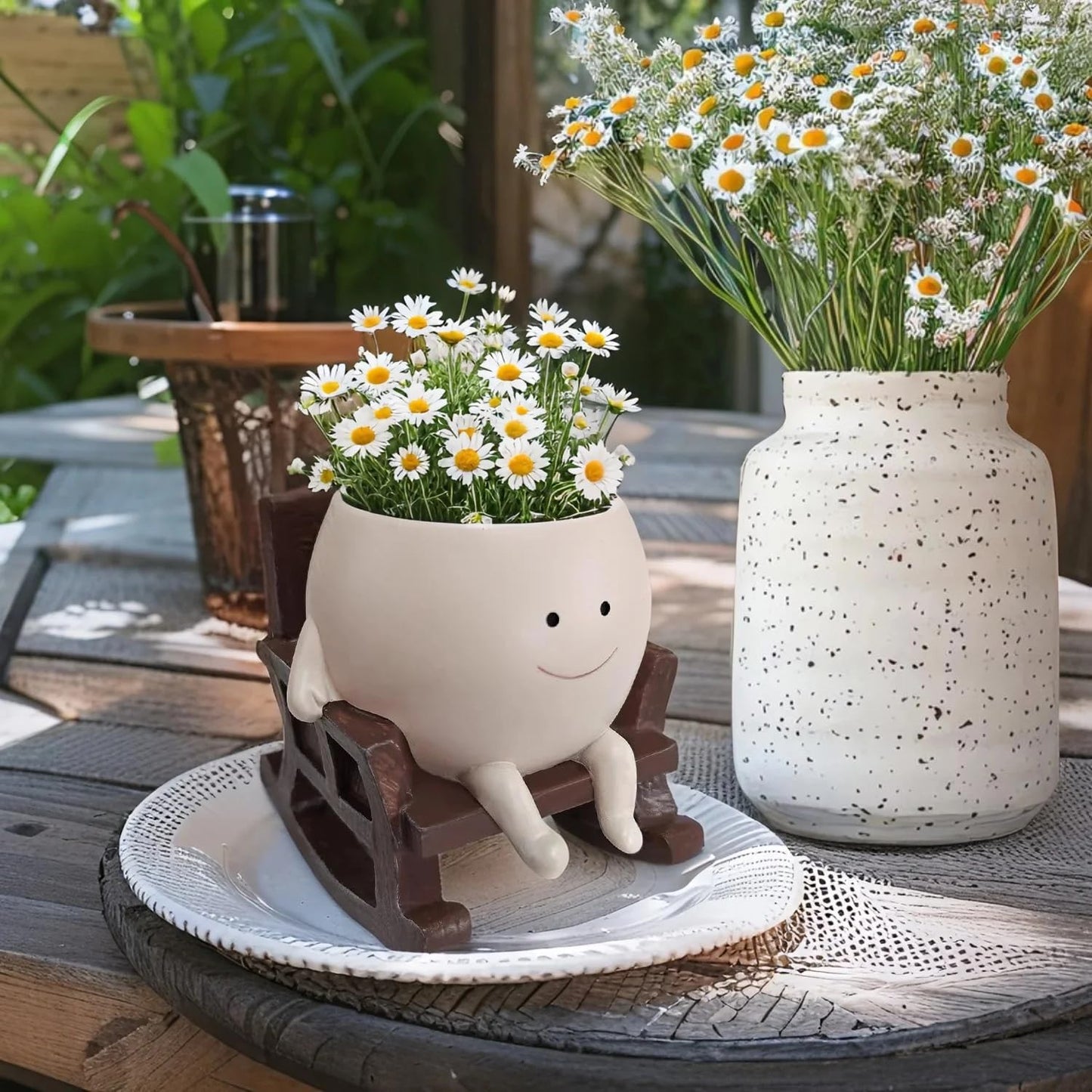 CASANIA Resin Rocking Chair Face Planter Funny Succulent Pots with Drainage Small Smiley Face Plant Pot for Indoor and Outdoor, Home Decor, Ideal Gift for Mother's Day, Christmas, Head Flower Pot