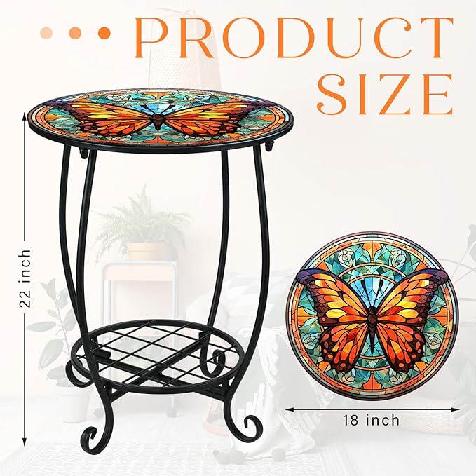 Cinnvoice Outdoor Side Table Round Small Mosaic Patio Accent Indoor End Plant