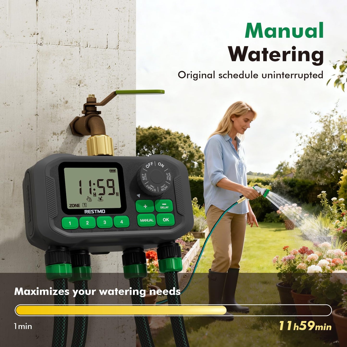 RESTMO Sprinkler Timer for Outdoor Hose Faucet 4 Zone, Up to 11h59m Programmable Watering Timer for Soaker Hose, Misting with Brass Inlet & Large Dial, Rain Delay/Manual/Automatic Irrigation System