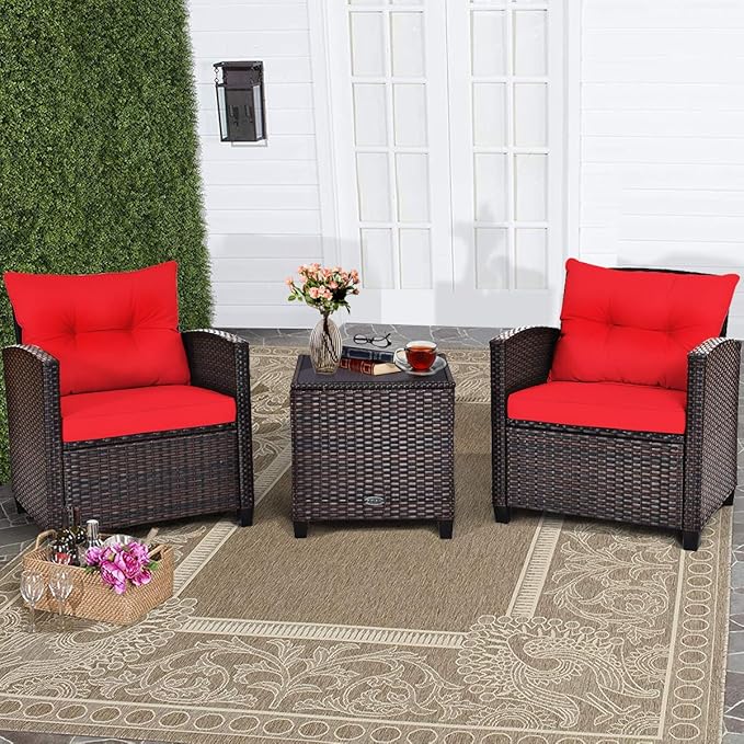 COSTWAY 3PCS Patio Furniture Set, PE Rattan Wicker Sofa w/Washable Cushion and