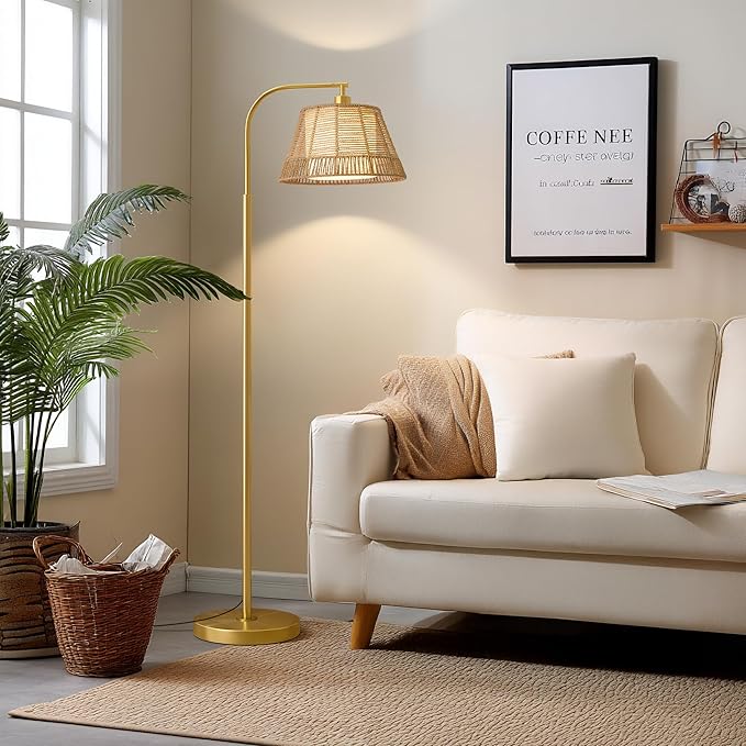 Oneach Arc Floor Lamp for Living Room, Rattan Boho Floor Lamp