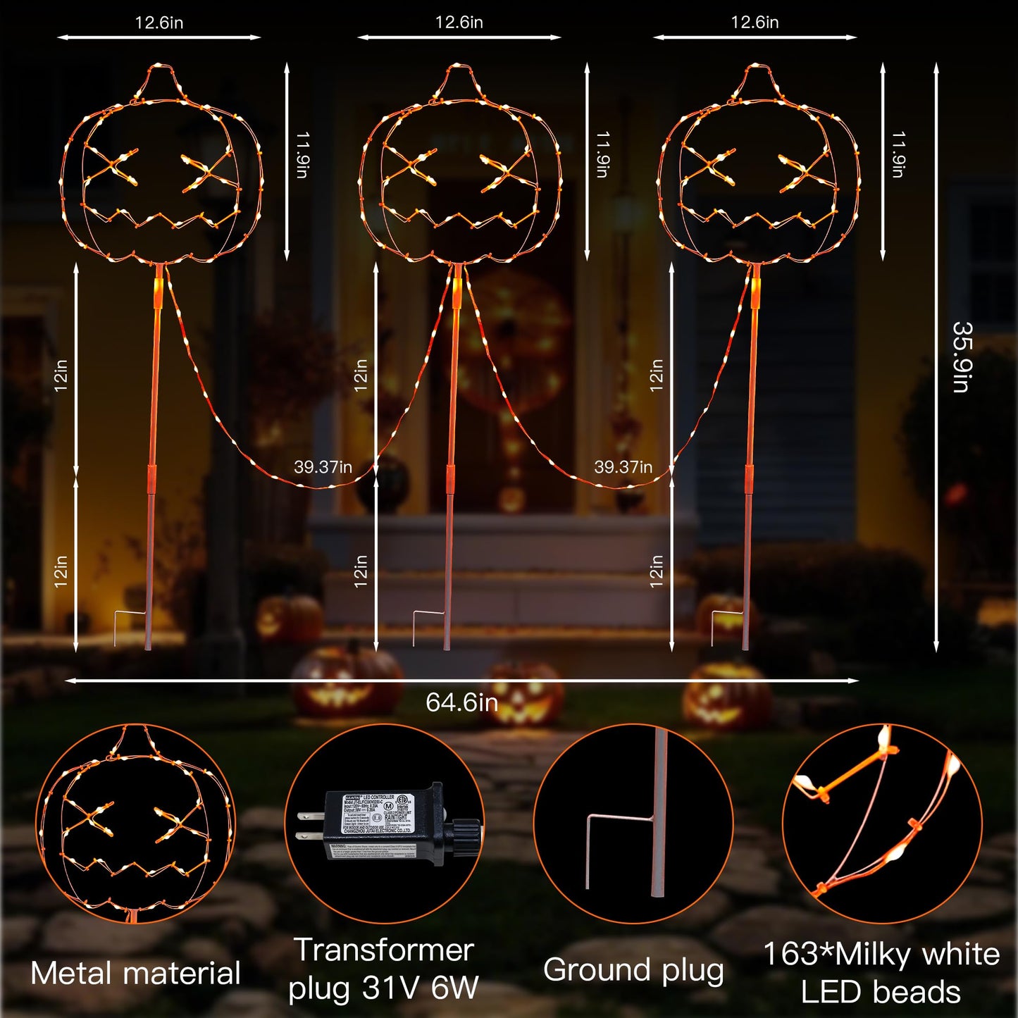 Halloween Walkway Lights,3PACK Hopolon Pumpkin Lights Halloween Decorations Outdoor Light Orange Plug-in Pumpkin Stake Light Pathway with IP44 Waterproof, 8Modes for Holiday Home Garden Yard Decor