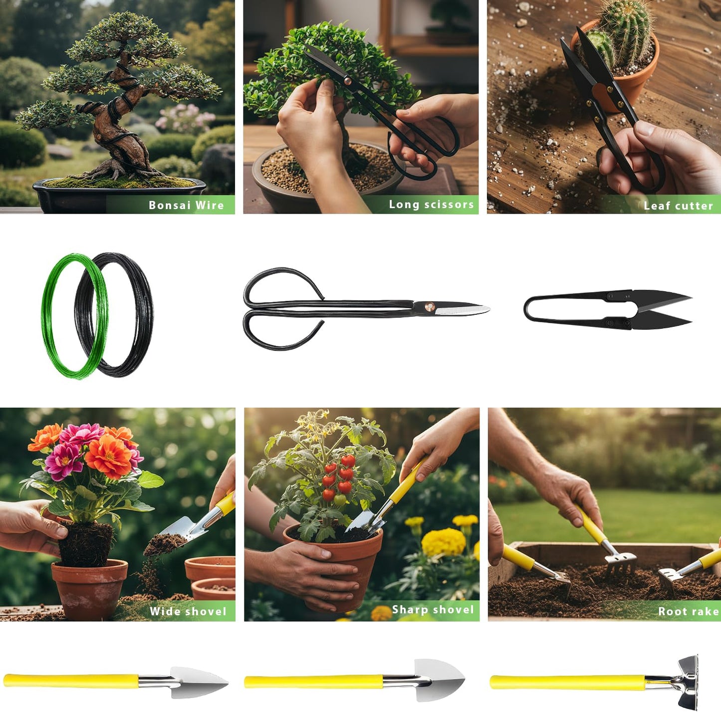 Bonsai Tools Set 7Pcs, MOSFiATA Bonsai Tree Tools Kit Succulent Trimming Tools Include Scissors, Cutters, Rake, Round and Pointed Shovel &Training Wire for Bonsai Beginner Gardening Gifts