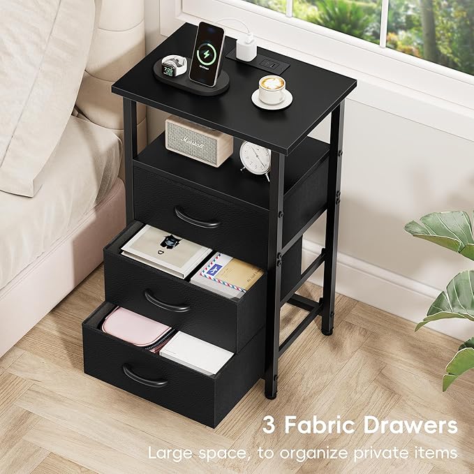 Vagusicc Nightstand with Charging Station, Bedside Table with USB Ports and