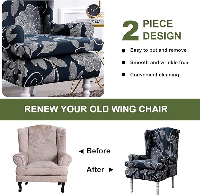 HAOYONG Wing Chair Slipcovers Printed Wingback Chair Covers 2 Pieces Wingback