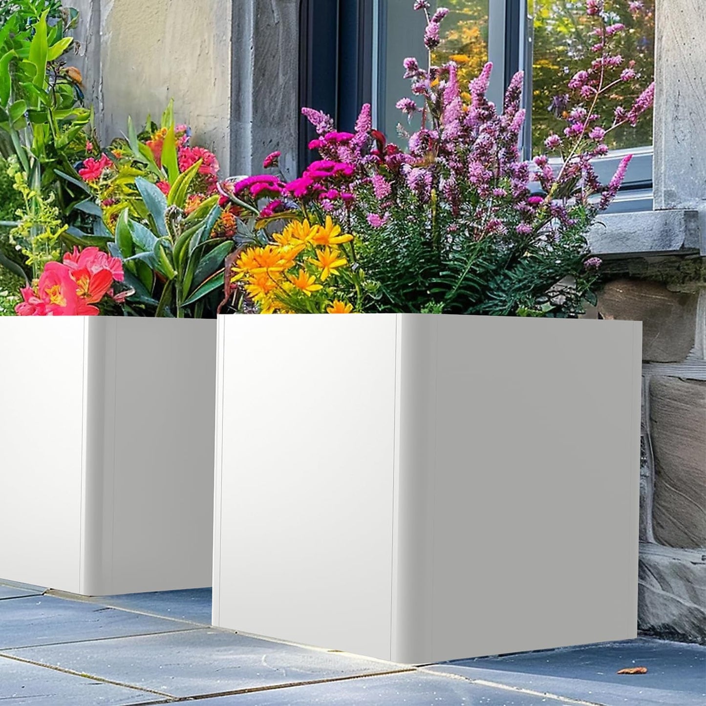 Gardenaire White Steel Square Planter 24" L x 24" W x 25" H,Cube Heavy Duty Flower Pot for Outdoor Plants with Drainage Holes,Metal Planter Box for Indoor and Outdoor All-Weather Use