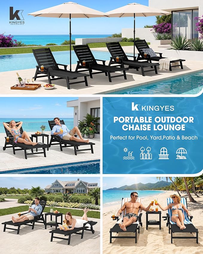 KINGYES HDPE Lounge Chair Outdoor, Patio Chaise Lounge Recliner