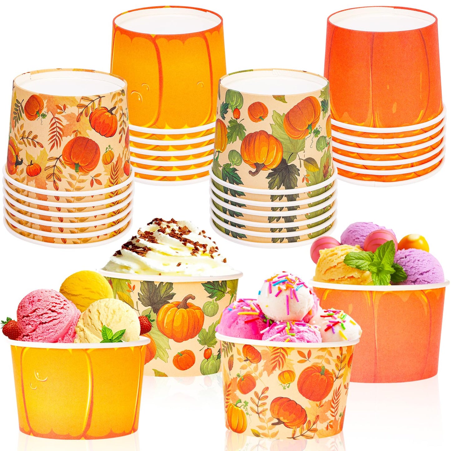 HOWAF 24pcs Fall Party Treat Snack Cups, Autumn Pumpkin Disposable Paper Cup Dessert Ice Cream Bowls for Happy Fall Y’all Party Supplies, Fall Leaves Maple Leaf Pumpkins Ice Cream Cups