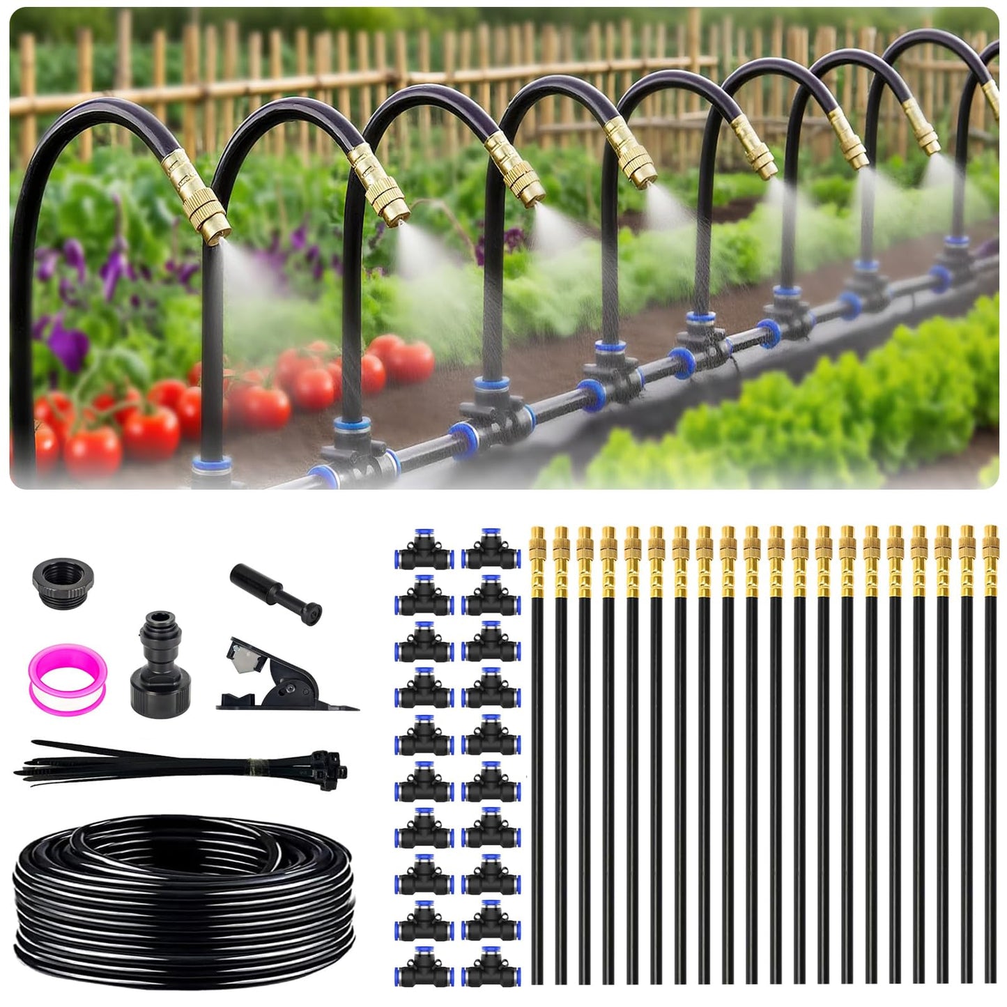 65FT 5/16 Inch Drip Irrigation System for Garden, 2025-Upgrade High-Flow Garden Watering Kit with 20 Adjustable Copper Nozzles, Even Water Distribution for Lawn & Greenhouse